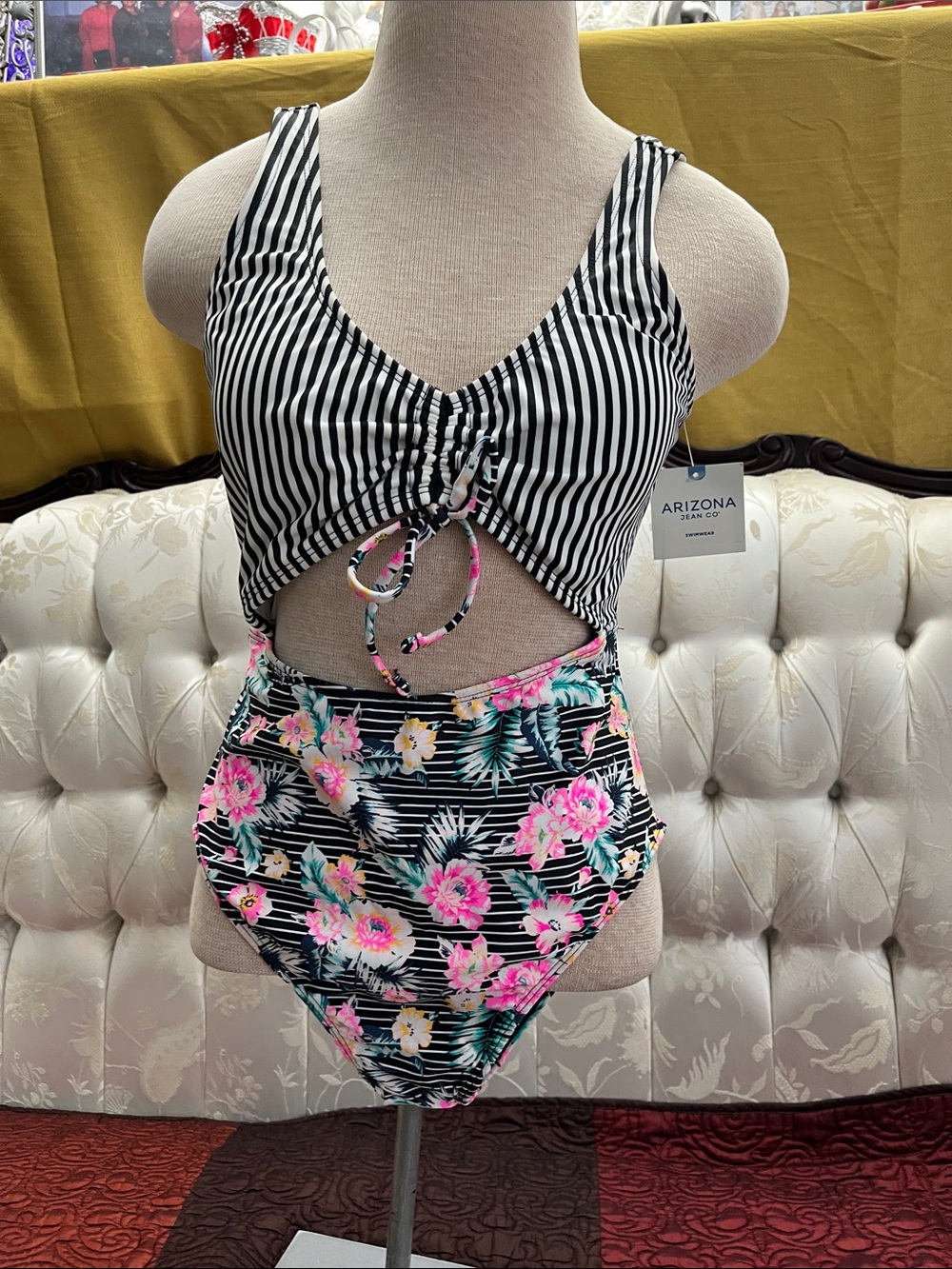 Arizona  Black & White Striped Floral One-Piece Swimsuit